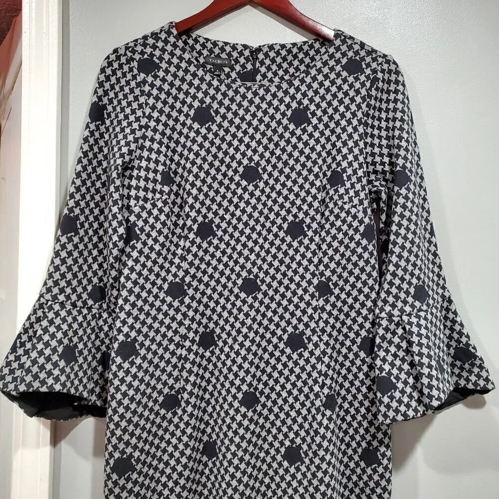Talbots Womens Black Gray Polka Dot 3/4 Bell Sleeve Sheath Dress NWT Sz 6